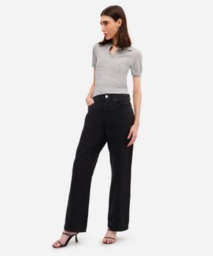 calça wide leg slim feminina de sarja cintura alta preta