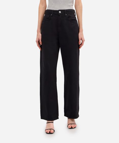 calça wide leg slim feminina de sarja cintura alta preta