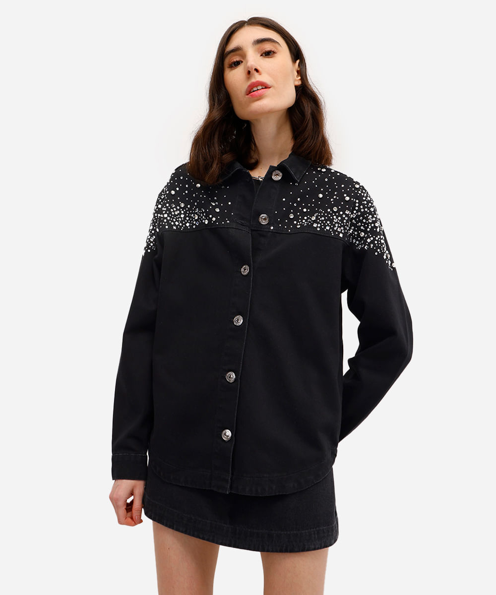 jaqueta feminina jeans com brilhos preta