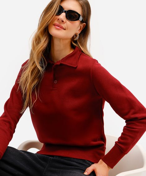blusão básico feminino de moletom felpado com gola vinho