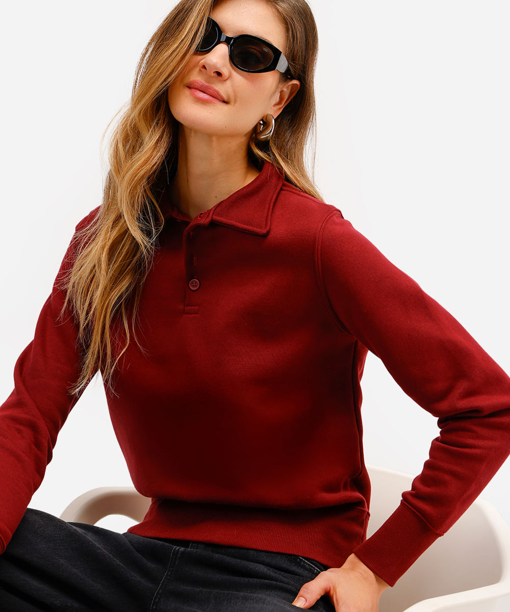 blusão básico feminino de moletom felpado com gola vinho