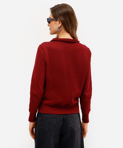 blusão básico feminino de moletom felpado com gola vinho