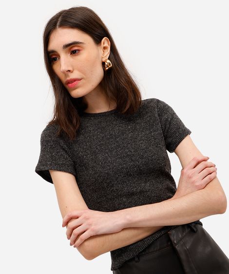 blusa baby look feminina básica texturizada cinza