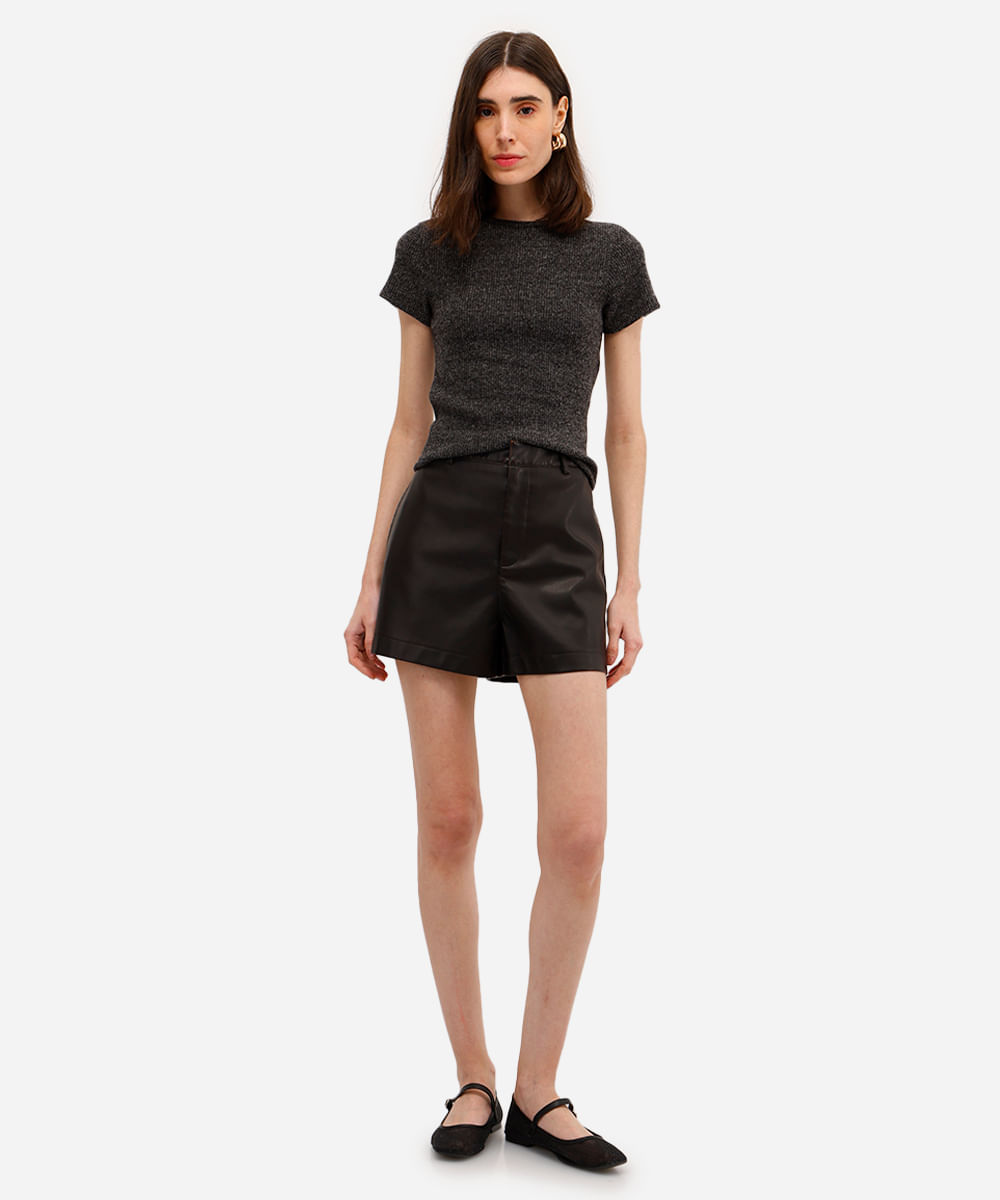 blusa baby look feminina básica texturizada cinza