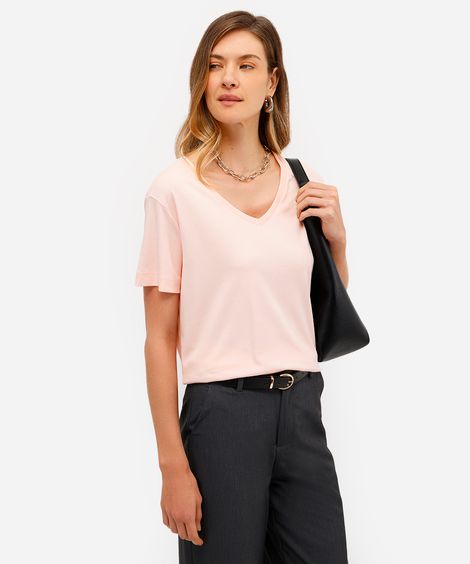 camiseta feminina de algodão peruano básica decote v rosa
