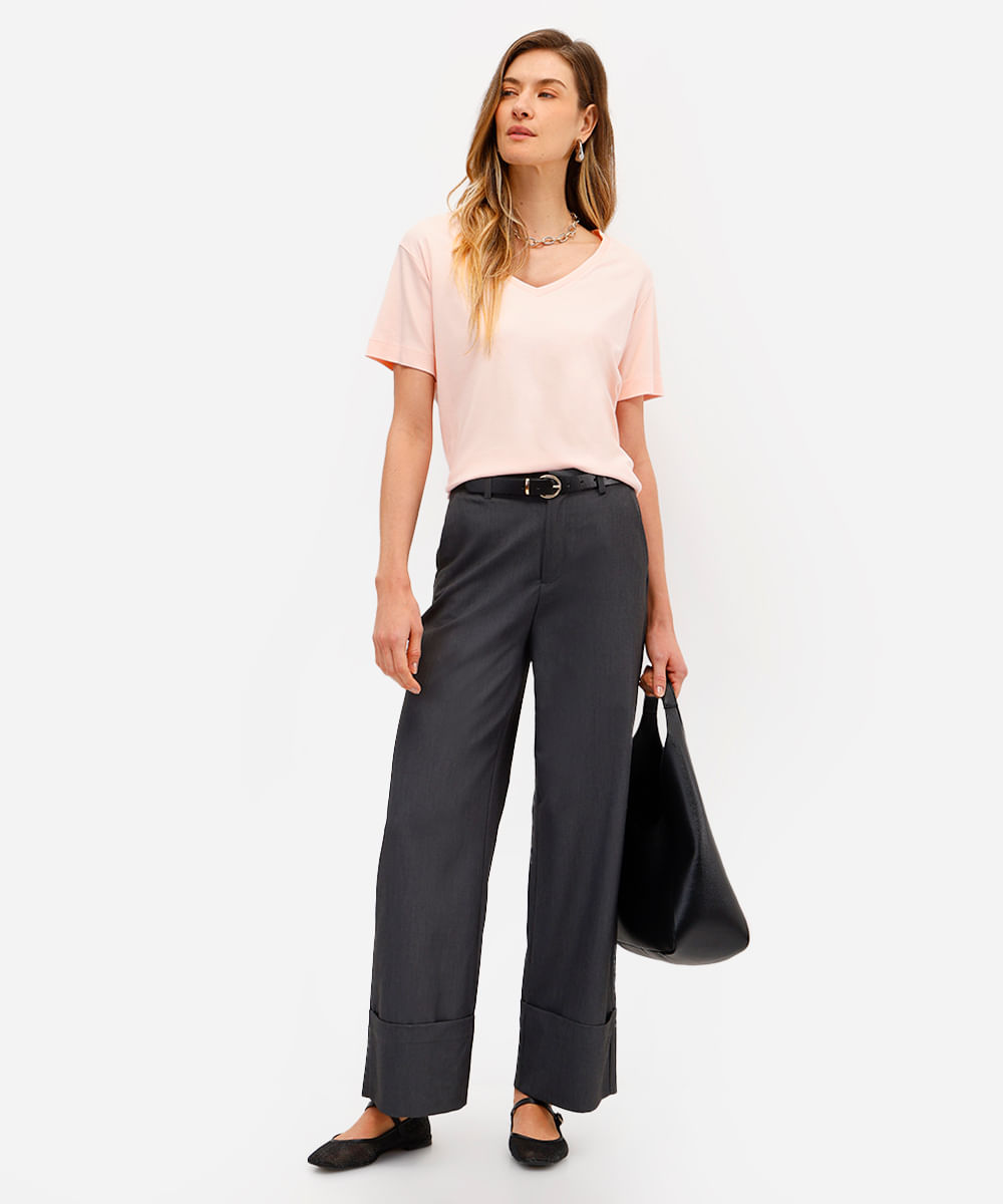 camiseta feminina de algodão peruano básica decote v rosa