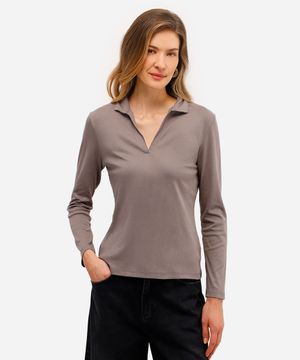 polo básica feminina de algodão peruano decote v cinza