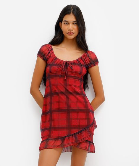 vestido curto feminino de tule com babado xadrez vermelho
