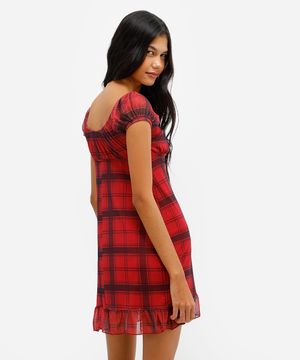 vestido curto feminino de tule com babado xadrez vermelho