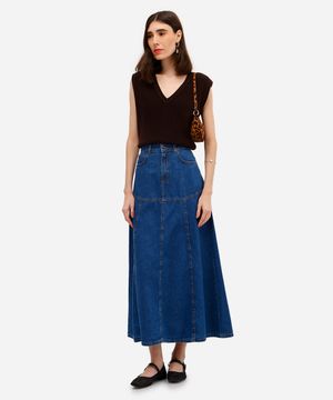 saia longa feminina jeans com recortes azul