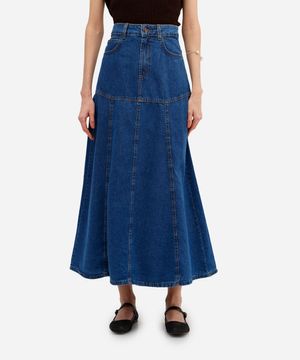 saia longa feminina jeans com recortes azul