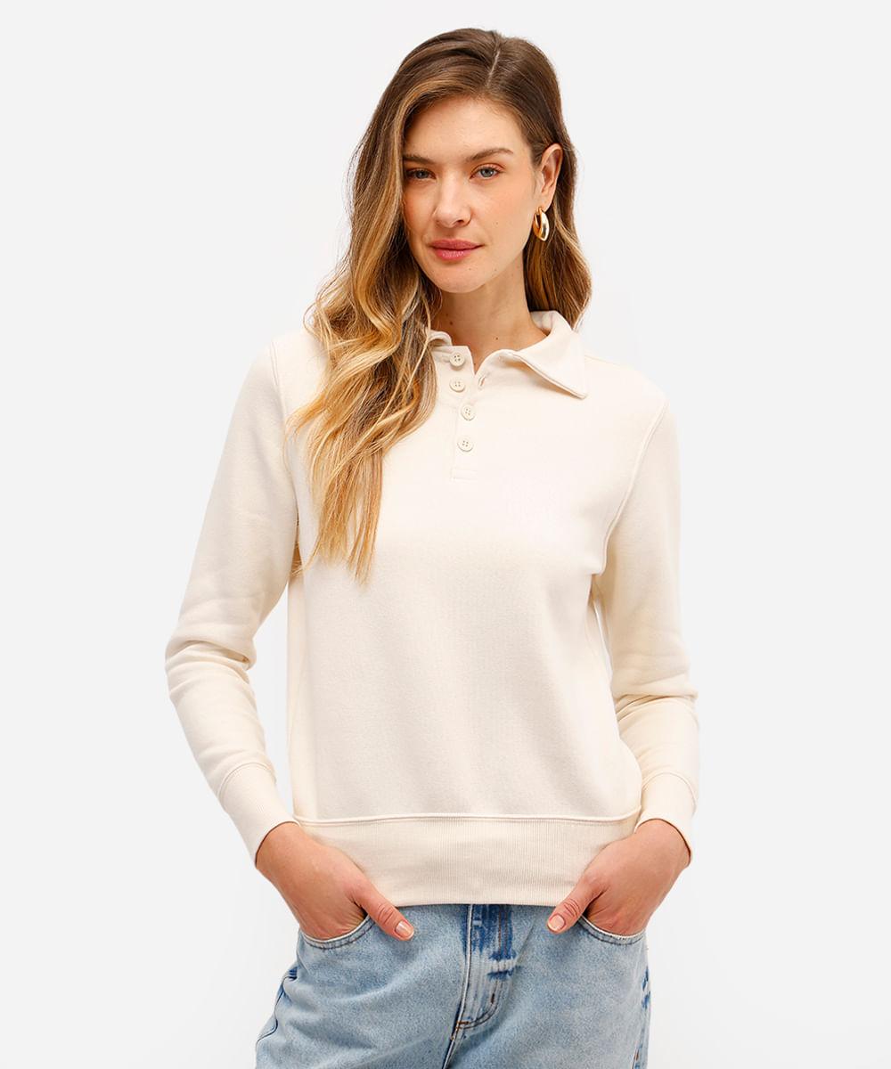 blusão básico feminino de moletom felpado com gola bege