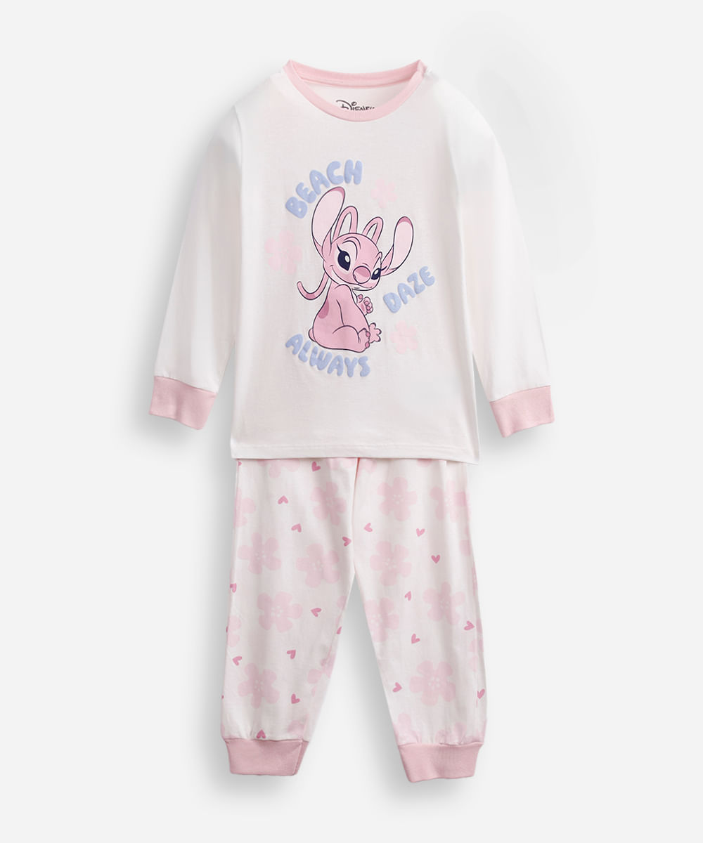 pijama longo infantil de algodão stitch com glitter off white
