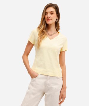blusa básica feminina manga curta decote v amarela