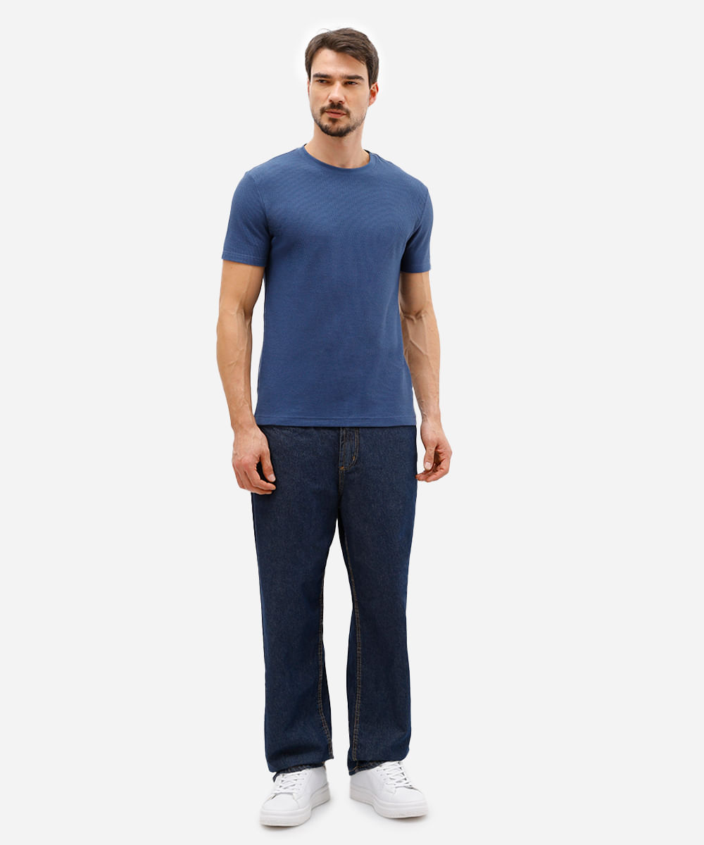 camiseta de algodão texturizada manga curta azul