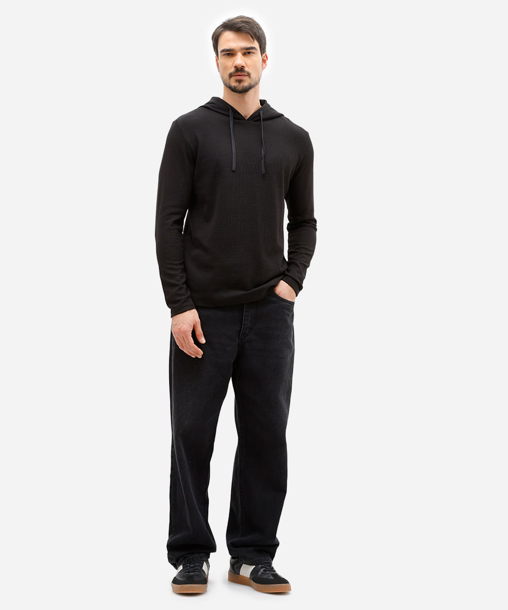 camiseta básica masculina com capuz texturizada preta