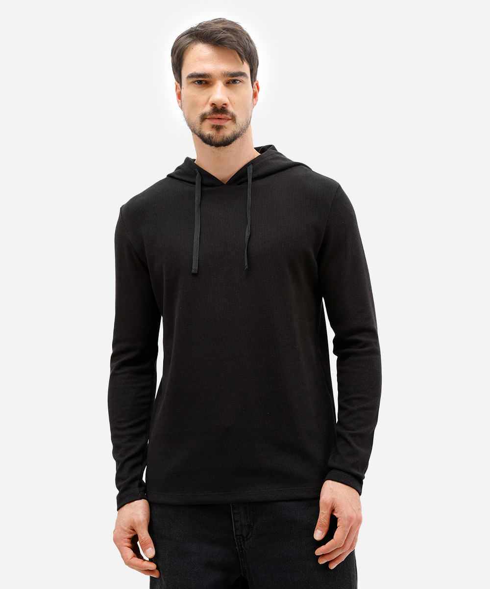 camiseta básica masculina com capuz texturizada preta
