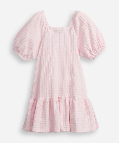 vestido de algodão infantil manga bufante texturizado rosa