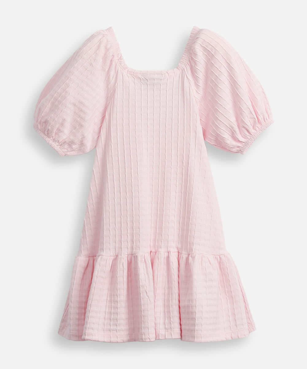 vestido de algodão infantil manga bufante texturizado rosa
