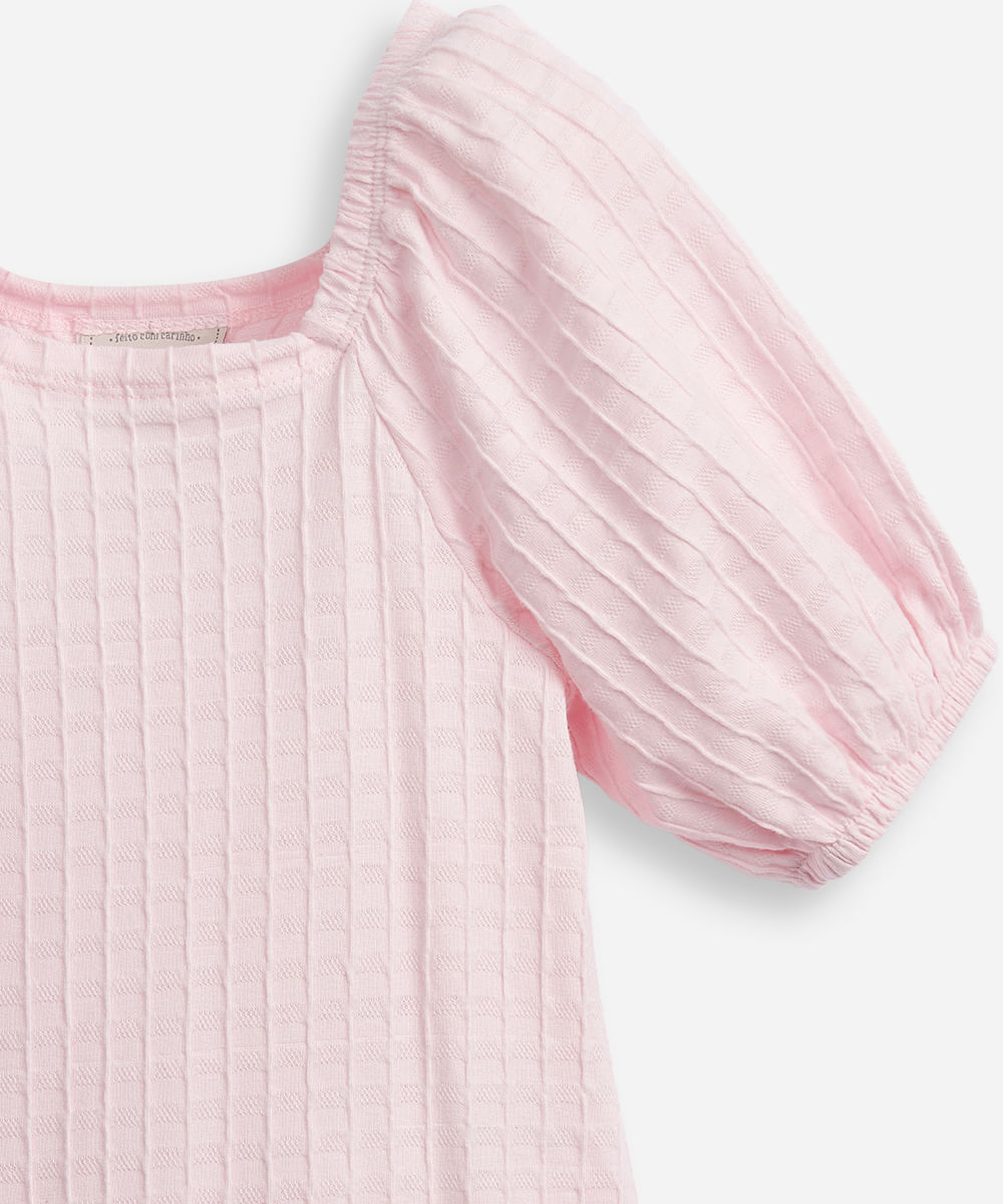 vestido de algodão infantil manga bufante texturizado rosa