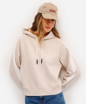 blusão feminino de moletom felpado com capuz e recorte bege