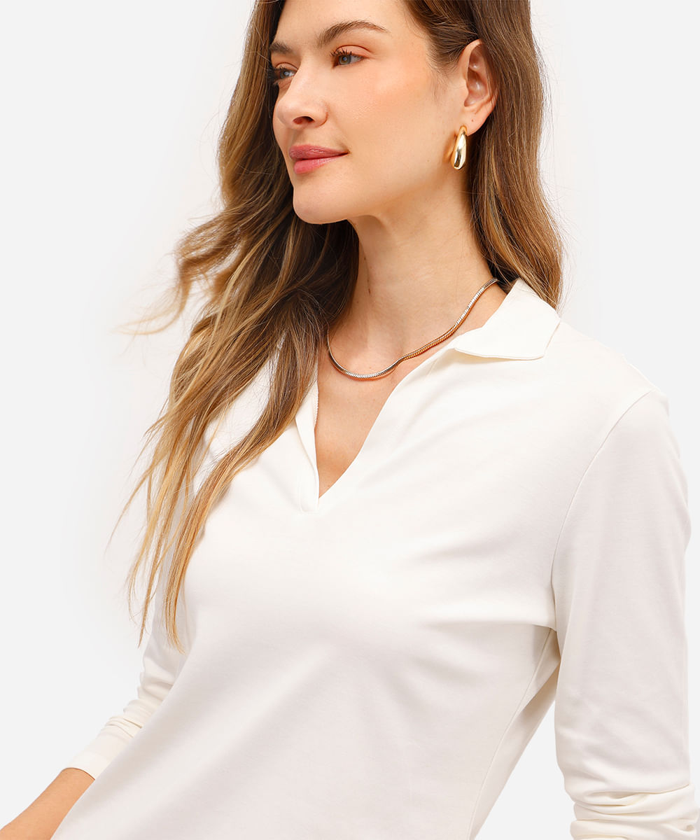 polo básica feminina de algodão peruano decote v off white