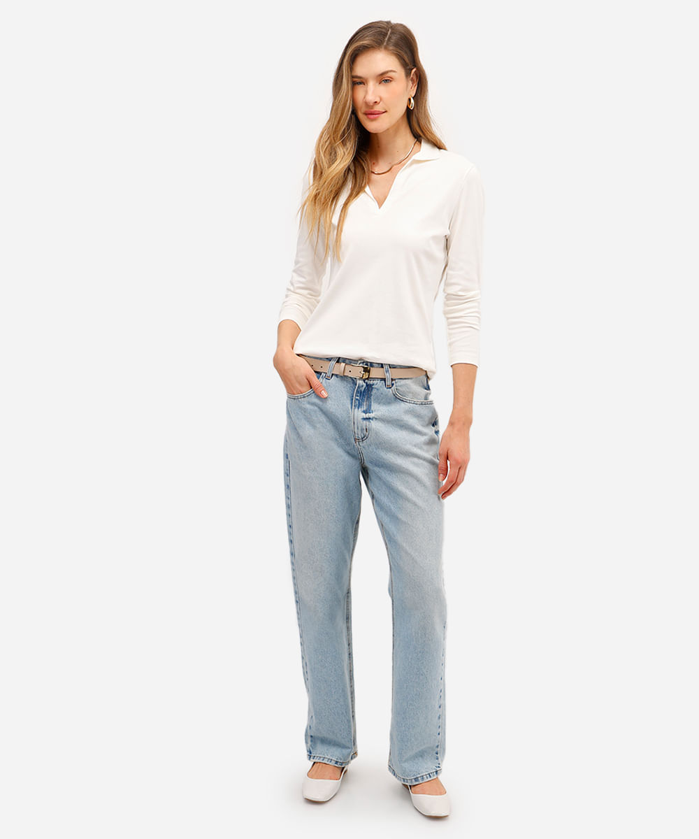 polo básica feminina de algodão peruano decote v off white