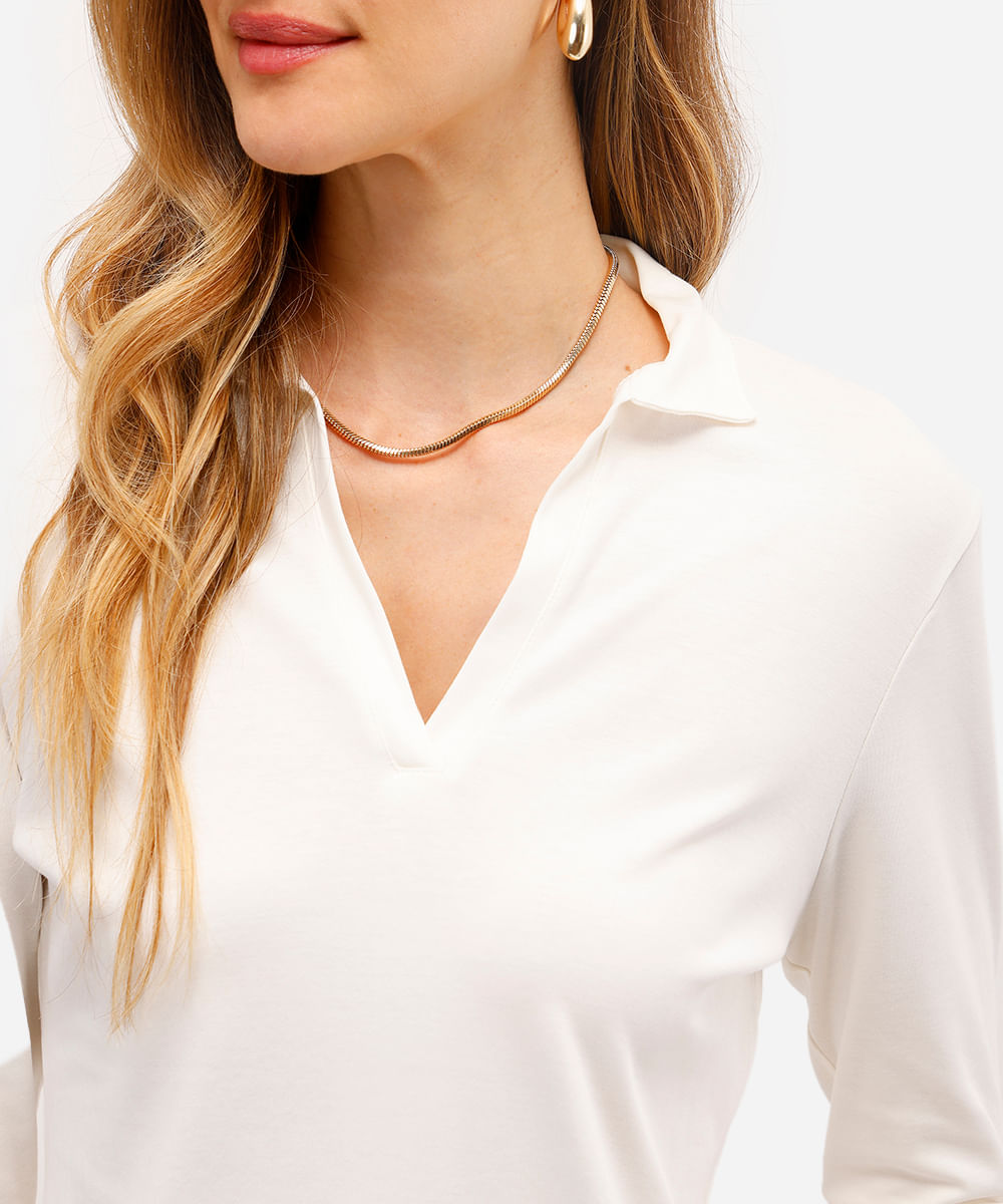 polo básica feminina de algodão peruano decote v off white