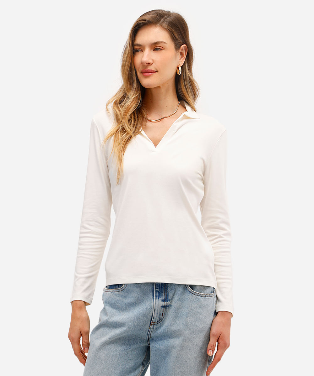 polo básica feminina de algodão peruano decote v off white