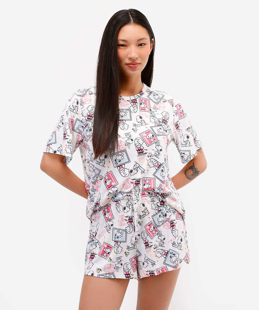 pijama short doll feminino manga curta snoopy off white