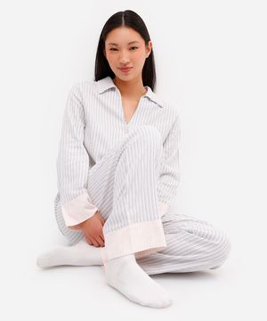 pijama americano feminino de algodão listrado off white