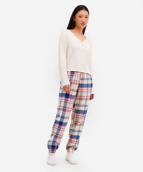 pijama longo feminino xadrez bege