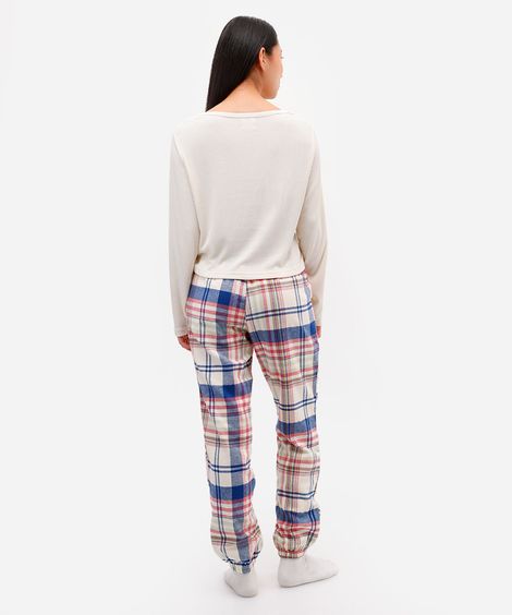 pijama longo feminino xadrez bege
