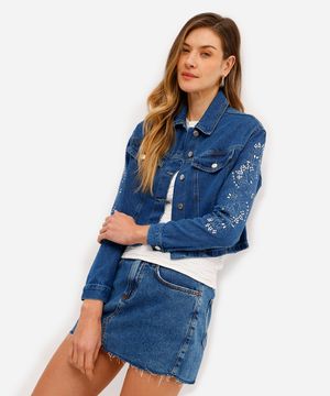 jaqueta feminina jeans bordada com brilhos azul