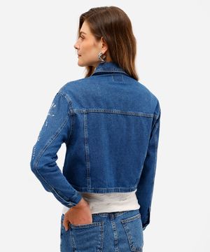 jaqueta feminina jeans bordada com brilhos azul