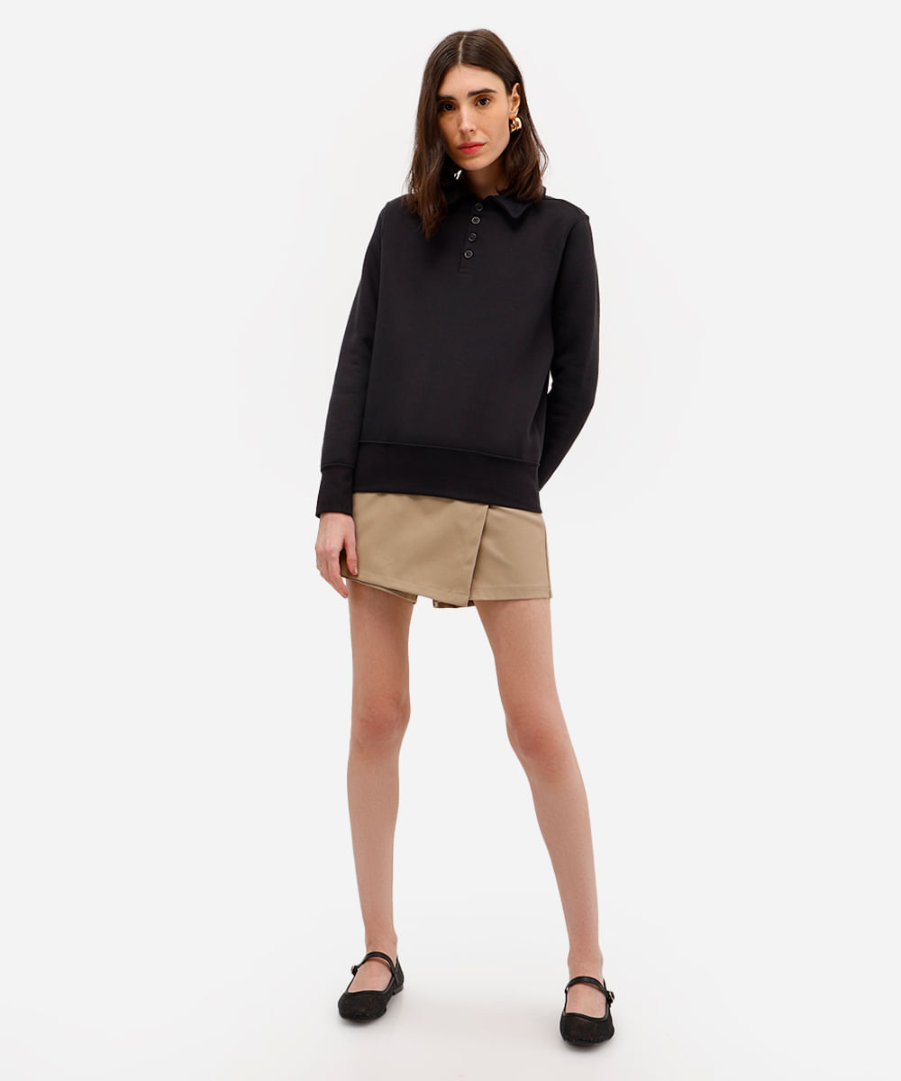 blusão básico feminino de moletom felpado com gola preto