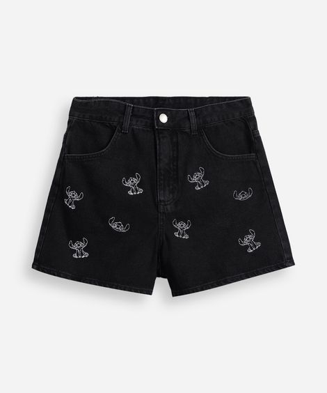 short jeans juvenil bordado stitch preto