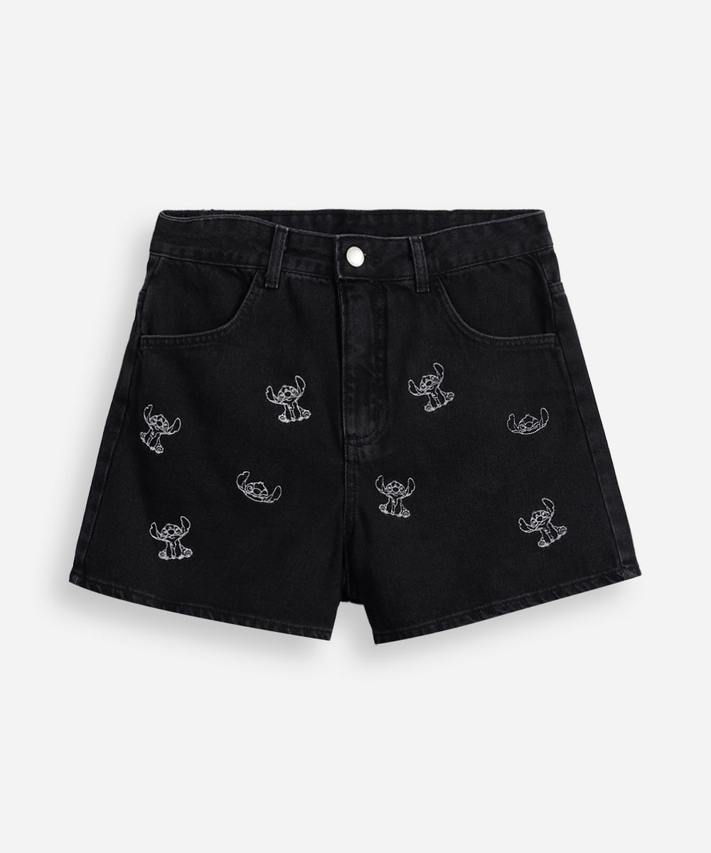 short jeans juvenil bordado stitch preto