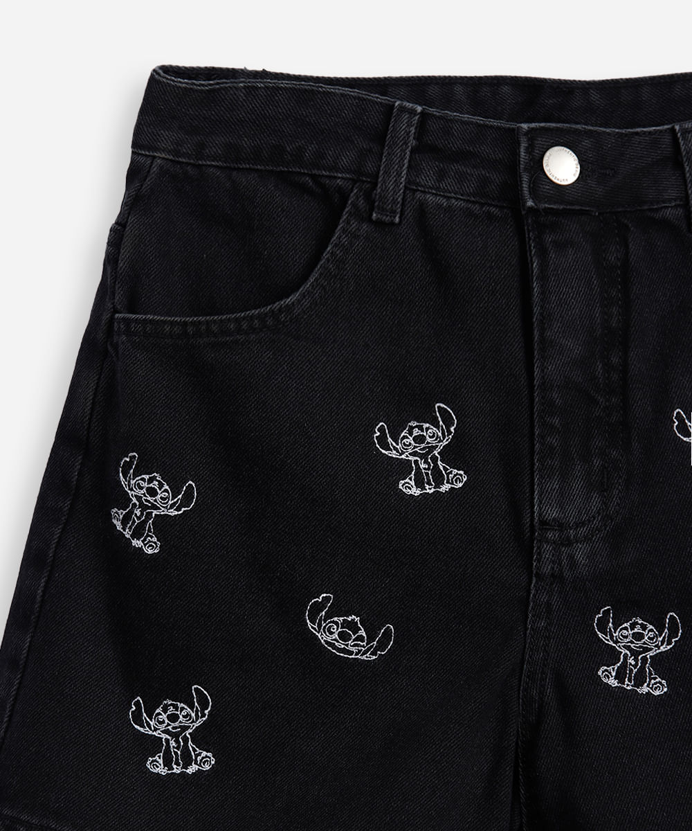 short jeans juvenil bordado stitch preto
