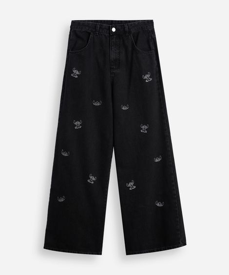 calça wide leg jeans juvenil bordado stitch - black jeans
