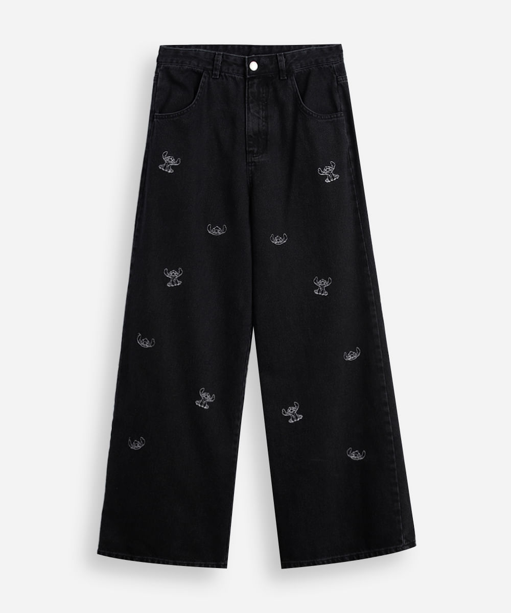 calça wide leg jeans juvenil bordado stitch - black jeans