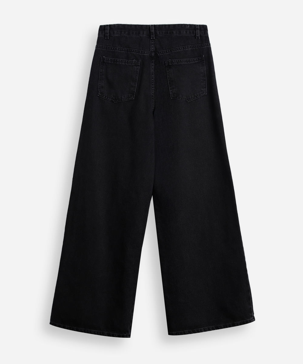 calça wide leg jeans juvenil bordado stitch - black jeans