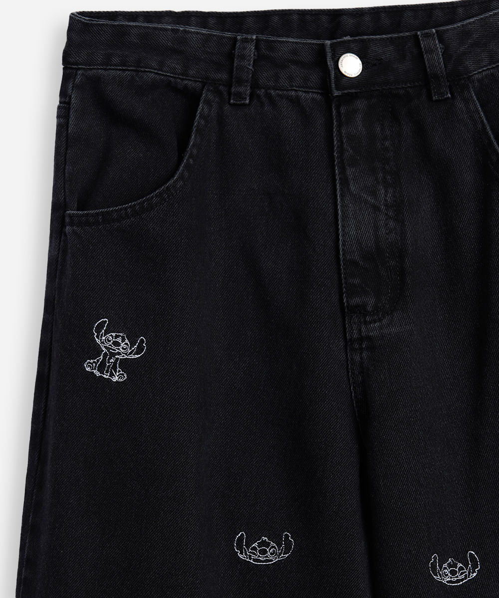 calça wide leg jeans juvenil bordado stitch - black jeans