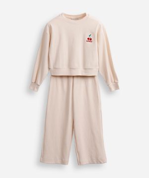 conjunto infantil longo de viscose canelado bege