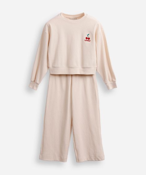 conjunto infantil longo de viscose canelado bege