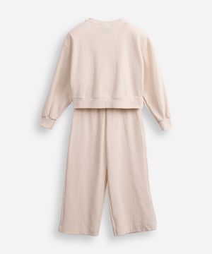 conjunto infantil longo de viscose canelado bege