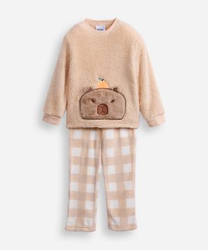 pijama longo infantil de fleece xadrez bege