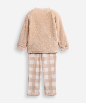 pijama longo infantil de fleece xadrez bege