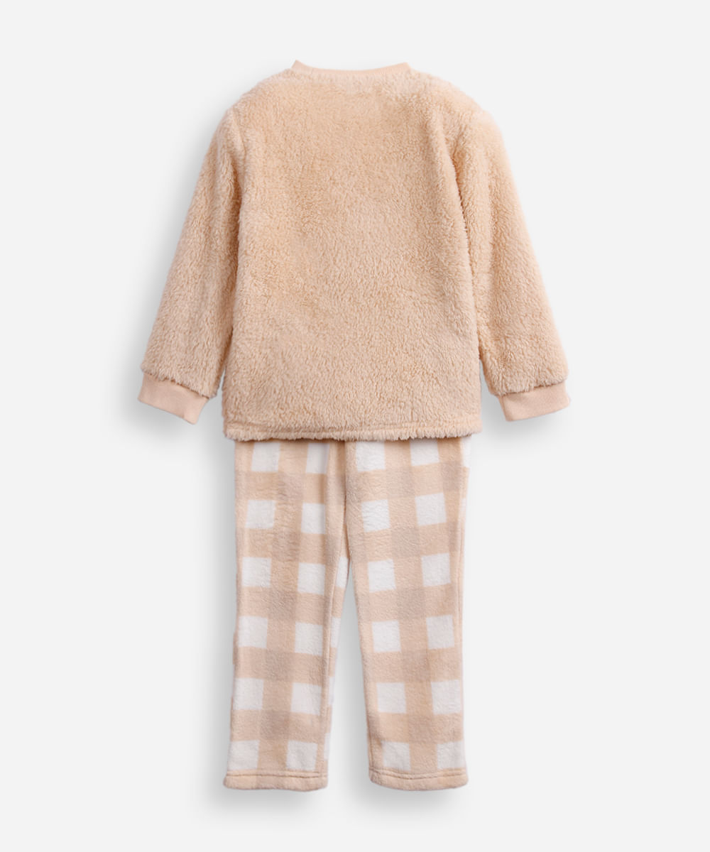 pijama longo infantil de fleece xadrez bege