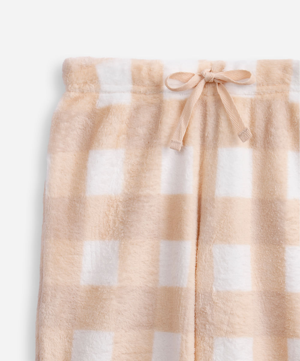 pijama longo infantil de fleece xadrez bege